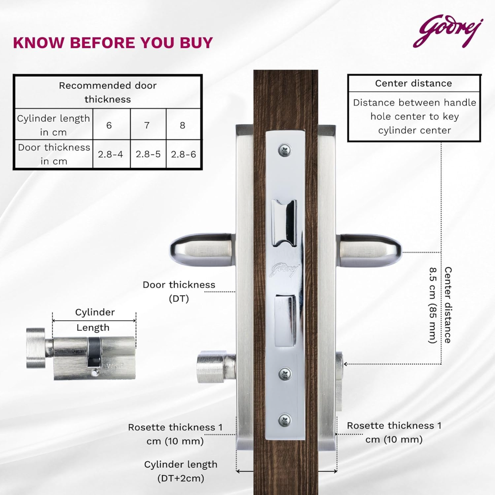 Godrej Mortise Lock I Handle Set 1CK EM02 I Satin Steel Finish I 6-Lever Lock I 3 Keys I Double Throw I Left or Right Handed Door Operation I Mortise Lock with Latch for Home | 5 Years Warranty